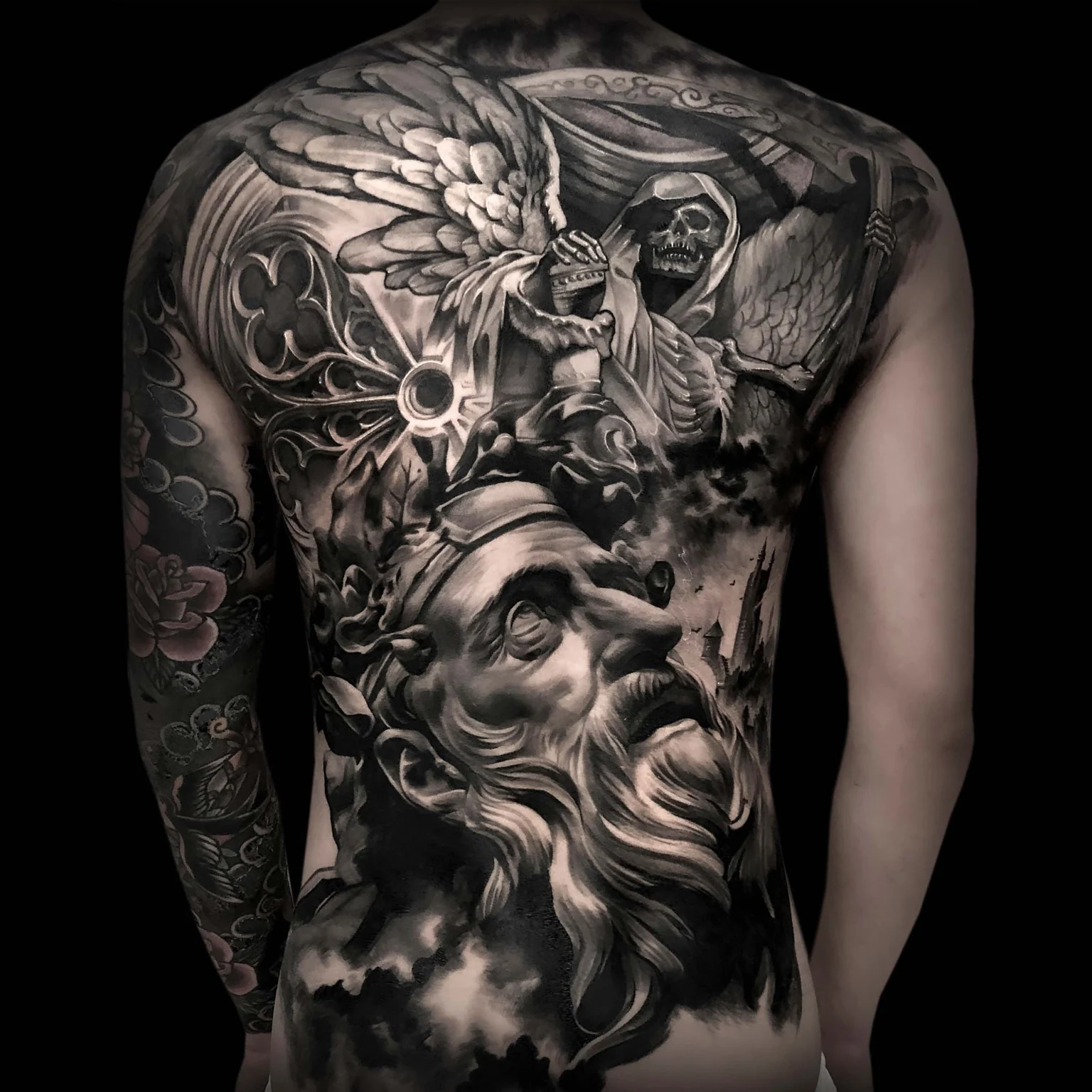 Large-scale Black and Grey back tattoo by SSAB in Seoul
