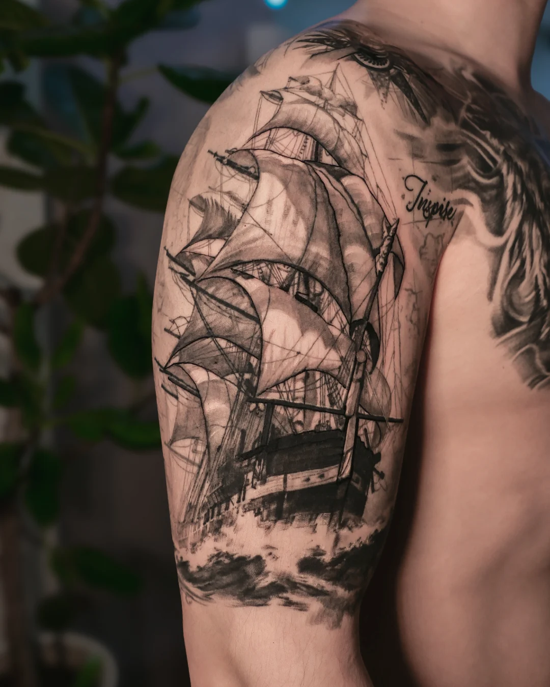 Black and Grey sailing ship tattoo by SSAB in Seoul